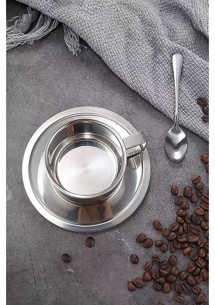 Çelik 3 Parça 200 ml Çift Cidarlı Espresso Kahve Fincan Seti Sunum Bardağı MT119
