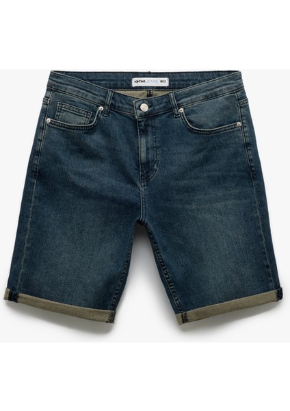Normal Bel Pamuklu Katlamalı Paça Slim Fit Jean Şort