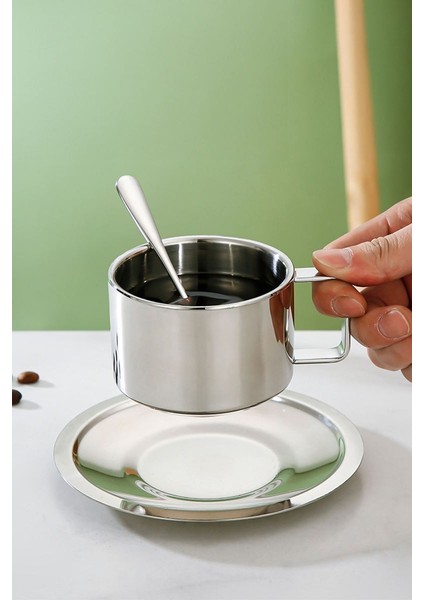 Çelik 4 Adet 3 Parça 200 ml Çift Cidar Espresso Kahve Fincan Seti Sunum Bardağı