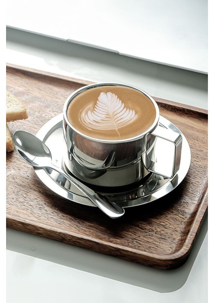 Çelik 4 Adet 3 Parça 200 ml Çift Cidar Espresso Kahve Fincan Seti Sunum Bardağı
