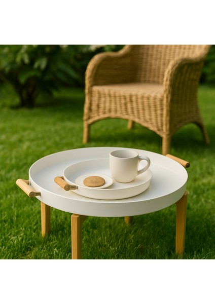 2'li Ahşap Bacaklı Beyaz Tepsi & Yer Sofrası (51*26 Cm)