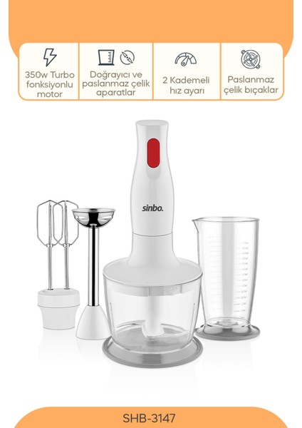 SHB-3147 3 Fonksiyonlu El Blender Seti - Beyaz / 400 Watt
