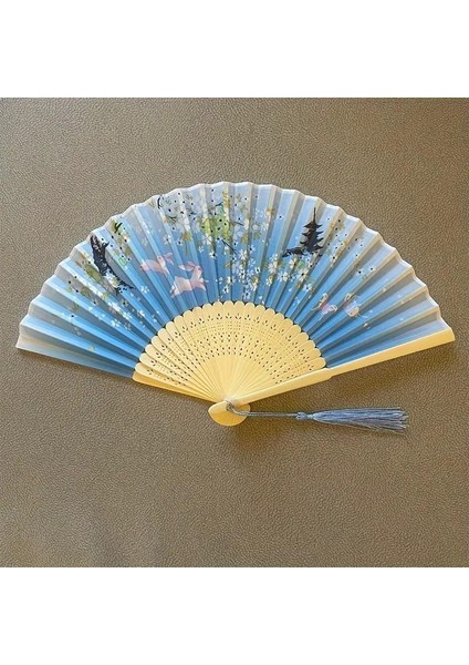 Yelpaze Bambu Serinletici Vintage Turkuaz Çiçekli Tavşanlı Şık Püsküllü Japon Yelpaze 0228