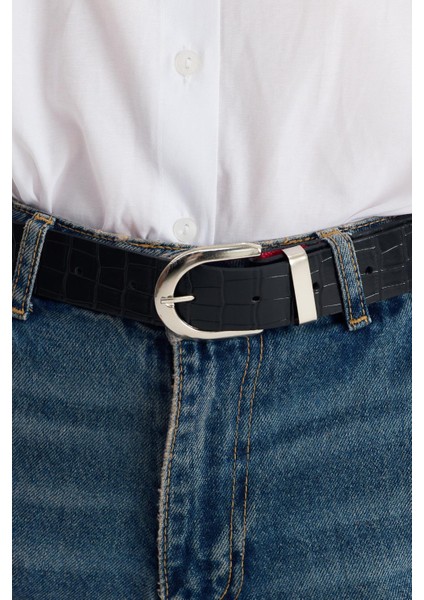 Siyah Gümüş Tokalı Kroko Desen Kemer 414