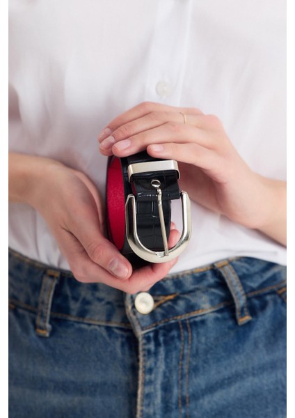 Siyah Gümüş Tokalı Kroko Desen Kemer 414 modelleri