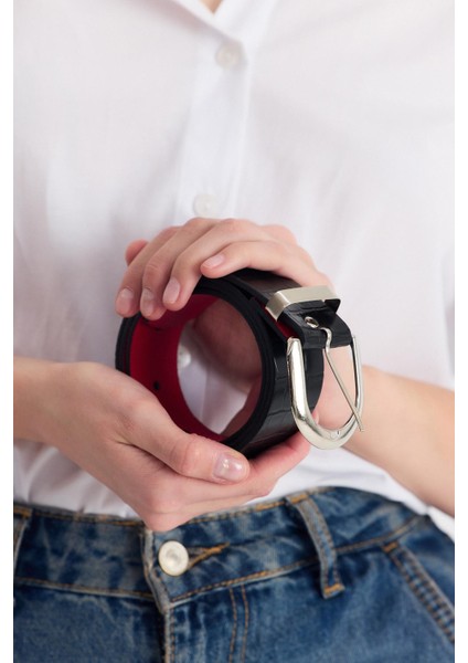 Siyah Gümüş Tokalı Kroko Desen Kemer 414 fırsatları