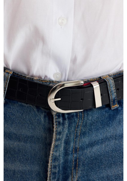 Siyah Gümüş Tokalı Kroko Desen Kemer 414 indirimleri