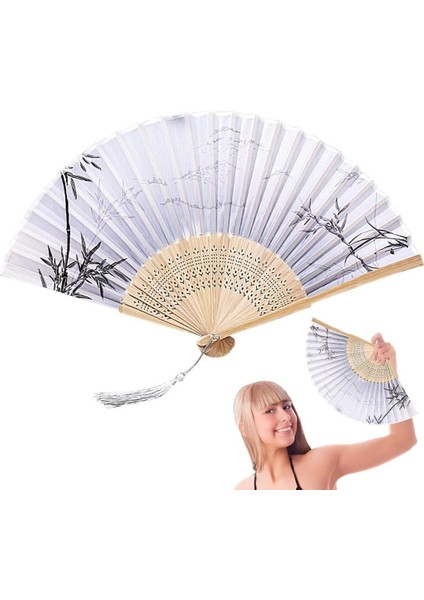 Yelpaze Bambu Serinletici Vintage Bej Şık Dekorasyon Püsküllü Japon Yelpaze 0242