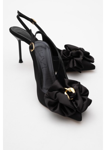 Noria Siyah Saten Çiçekli Kadın Ince Topuklu Ayakkabı