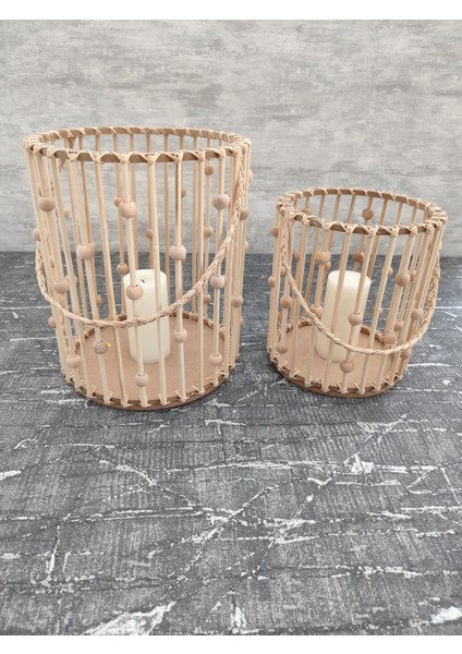 El Yapımı Boncuklu Bambu Fener 2li Set (25 cm - 20 cm )