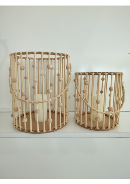 El Yapımı Boncuklu Bambu Fener 2li Set (25 cm - 20 cm ) fiyatları