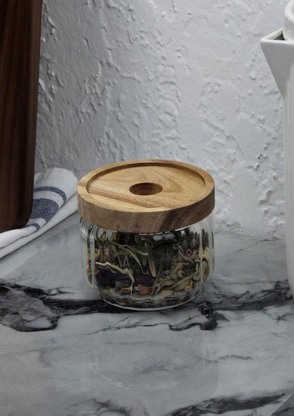 Timber Cam Kavanoz - Çizgili Saklama Kavanozu - Ahşap Kapaklı, 300 ml