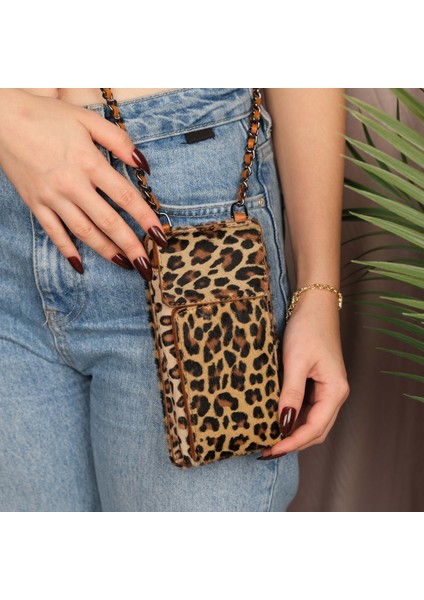 Lovell Hakiki Deri Telefon Bölmeli Kadın Askılı Çanta - Kartlıklı Telefon Cüzdanı - Tüylü Leopar fiyatları