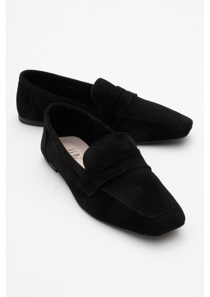 Morne Siyah Süet Deri Kadın Loafer Ayakkabı