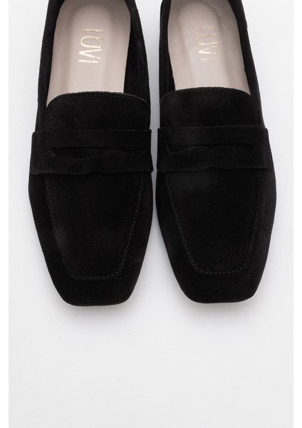 Morne Siyah Süet Deri Kadın Loafer Ayakkabı