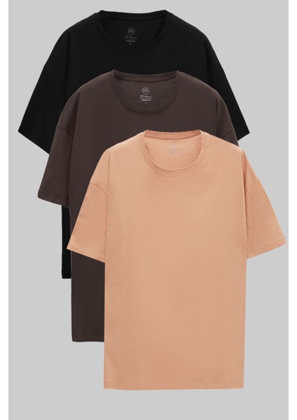 Ds Damat Comfort Siyah/kahverengi/bej 3'lü Bol Kesim %100 Pamuk T-Shirt