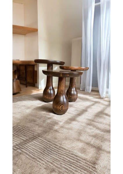 Wood Ahşap 3’lü Set Fitilli Mantar Yan Sehpa Vazo Model / Ceviz Renk / Zigon Sehpa Vernikli