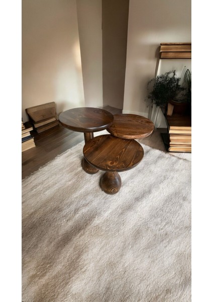 Wood Ahşap 3’lü Set Fitilli Mantar Yan Sehpa Vazo Model / Ceviz Renk / Zigon Sehpa Vernikli modelleri