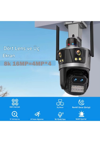 8k Wifi 16MP Dört Ekran Güvenlik Kamerası Cctv Ip Kamera 8x Zoom Dış Mekan Koruma fiyatları