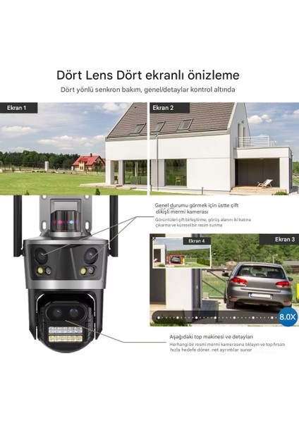 8k Wifi 16MP Dört Ekran Güvenlik Kamerası Cctv Ip Kamera 8x Zoom Dış Mekan Koruma modelleri