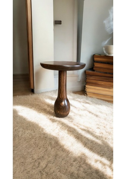 Wood Wooden Ahşap Tekli Konik Mantar Yan Sehpa Modern Ceviz Renk Fiskos