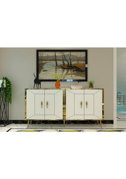 Torneo Konsol Tv Sehpası Çok Amaçlı Dolap 150 cm Beyaz Altın