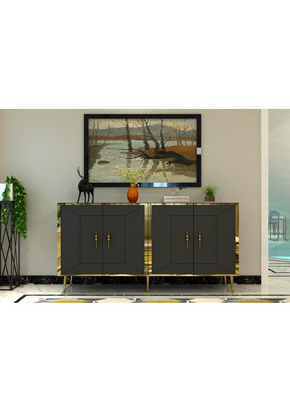Torneo Konsol Tv Sehpası Çok Amaçlı Dolap 150 cm Antrasit Altın