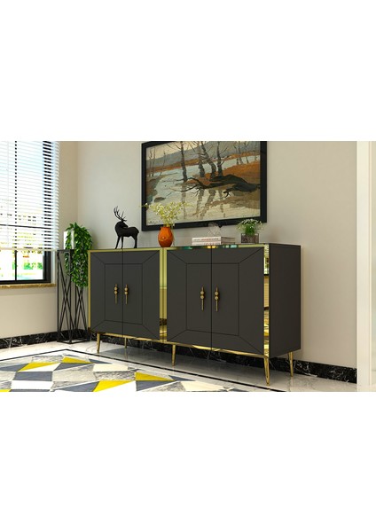 Torneo Konsol Tv Sehpası Çok Amaçlı Dolap 150 cm Antrasit Altın fiyatları