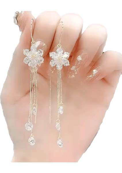 Lüks Kristal Çiçek Püskül Damla Küpe Kadınlar Için Parlak Zirkon Opal Uzun Dangle Küpe Kızlar Parti Düğün Takı Hediye Metal RENK:ER22Y1847 (Yurt Dışından)