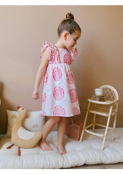 Pembe Pudra Renk Tonlarında Çiçek Tasarımlı Harika Keten Pamuk Elbise Kız Çocuk