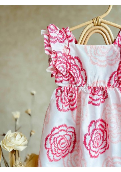 Pembe Pudra Renk Tonlarında Çiçek Tasarımlı Harika Keten Pamuk Elbise Kız Çocuk