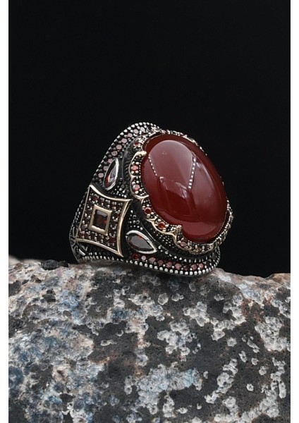 Akik Taşlı Zirkon Taş Süslemeli 925 Ayar Gümüş Erkek Yüzüğü 901678