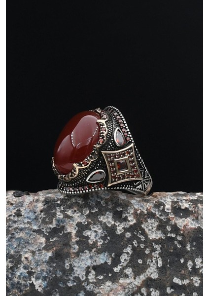 Akik Taşlı Zirkon Taş Süslemeli 925 Ayar Gümüş Erkek Yüzüğü 901678 fiyatları