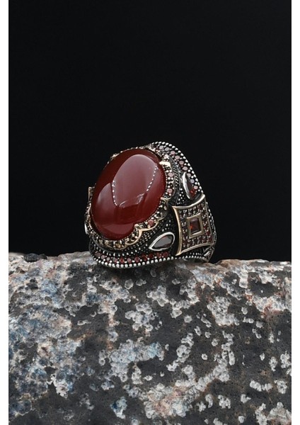 Akik Taşlı Zirkon Taş Süslemeli 925 Ayar Gümüş Erkek Yüzüğü 901678 modelleri