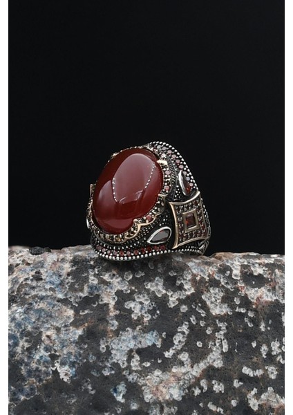 Akik Taşlı Zirkon Taş Süslemeli 925 Ayar Gümüş Erkek Yüzüğü 901678 fırsatları