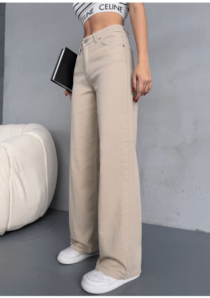 Kadın Yüksek Bel Kar Yıkama Likralı Geniş Paça Palazzo Jeans