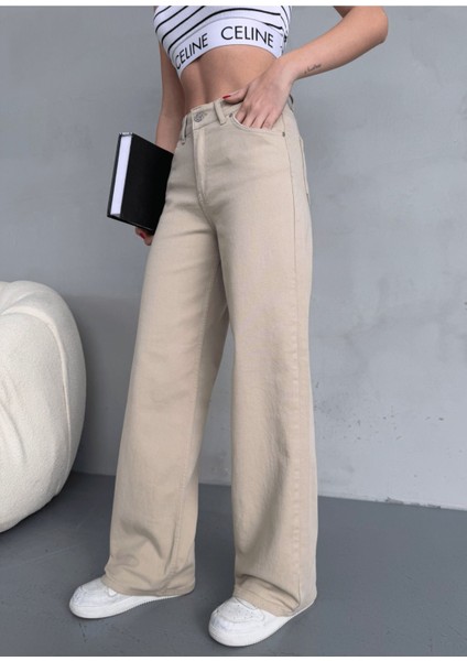 Kadın Yüksek Bel Kar Yıkama Likralı Geniş Paça Palazzo Jeans