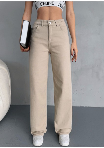 Kadın Yüksek Bel Kar Yıkama Likralı Geniş Paça Palazzo Jeans