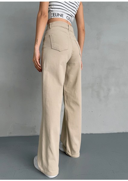 Kadın Yüksek Bel Kar Yıkama Likralı Geniş Paça Palazzo Jeans