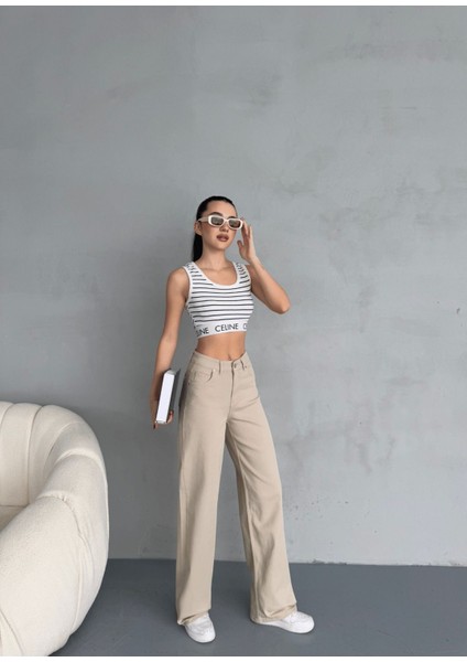 Kadın Yüksek Bel Kar Yıkama Likralı Geniş Paça Palazzo Jeans