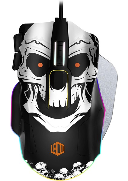 MG1102 Win Mac Kuru Kafa Desenli Kablolu RGB LED Aydınlatmalı 8200DPI 10 Makro Tuşlu 125 gr Gaming Mouse ve Mousepad Siyah