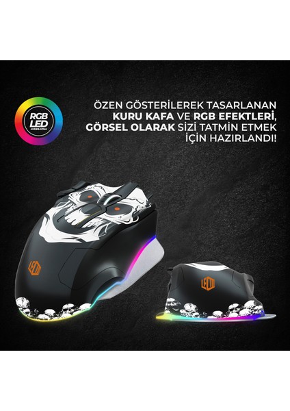 MG1102 Win Mac Kuru Kafa Desenli Kablolu RGB LED Aydınlatmalı 8200DPI 10 Makro Tuşlu 125 gr Gaming Mouse ve Mousepad Siyah