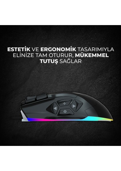 MG1102 Win Mac Kuru Kafa Desenli Kablolu RGB LED Aydınlatmalı 8200DPI 10 Makro Tuşlu 125 gr Gaming Mouse ve Mousepad Siyah