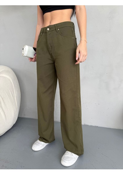 Kadın Yüksek Bel Kar Yıkama Likralı Geniş Paça Palazzo Jeans
