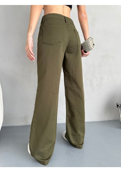 Kadın Yüksek Bel Kar Yıkama Likralı Geniş Paça Palazzo Jeans