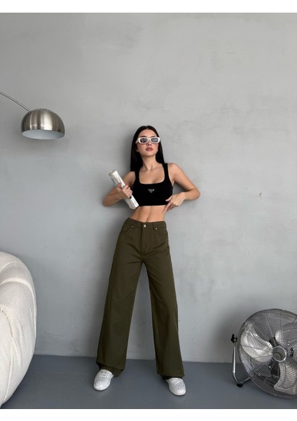 Kadın Yüksek Bel Kar Yıkama Likralı Geniş Paça Palazzo Jeans