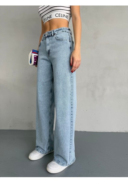 Kadın Yüksek Bel Kar Yıkama Likralı Geniş Paça Palazzo Jeans