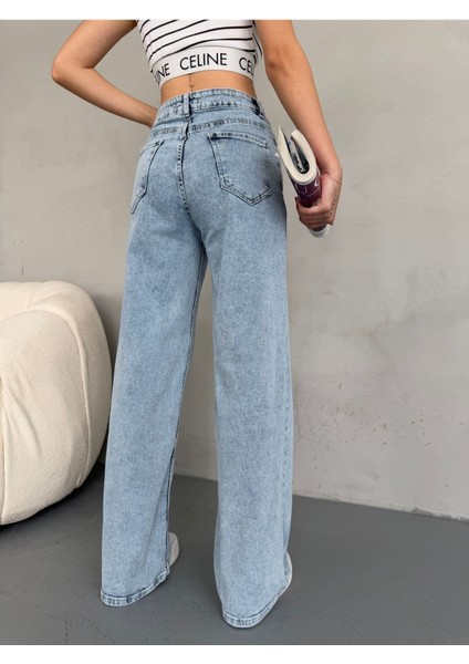 Kadın Yüksek Bel Kar Yıkama Likralı Geniş Paça Palazzo Jeans fırsatları