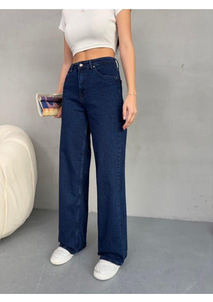 Kadın Yüksek Bel Kar Yıkama Likralı Geniş Paça Palazzo Jeans