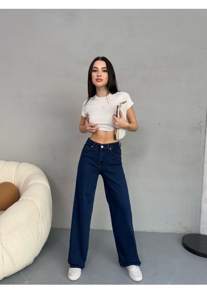 Kadın Yüksek Bel Kar Yıkama Likralı Geniş Paça Palazzo Jeans fırsatları